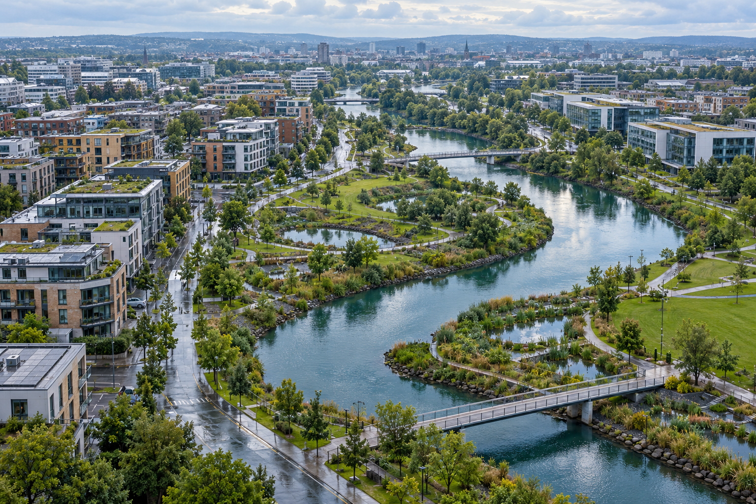 Conceptual city catchment with waterways and blue-green public spaces